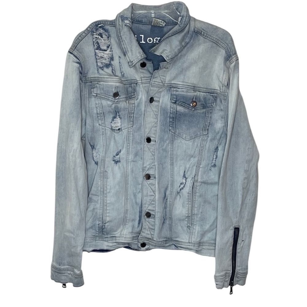 KILOGRAM Mens DISTRESSED MOTO REPAIR JEAN JACKET Denim Jacket Size L